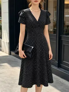 2026 Women's Casual Black Polka Dot Midi Dress, V-neck Ruffled Short-Sleeve A-Line Dress, Elegant Work and Party Dress, suitable for the office and casual occasions, brunch, everyday wear, and business-casual settings