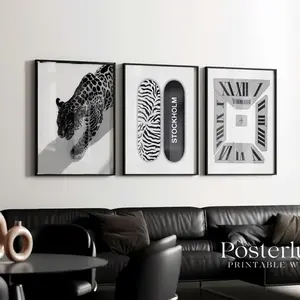 Stockholm Style Wall Art Set of 3 Leopard, Fashion Typography, Disco Ball & Modern Prints  Minimalist Luxury Black and White Gallery Bundle