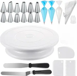 71 piece cake decoration kit with cake turntable, 12 numbered frosting pipe heads, 2 scrapers, 3 frosting comb scrapers, 50+2 pipe bags, and 1 baking coupler