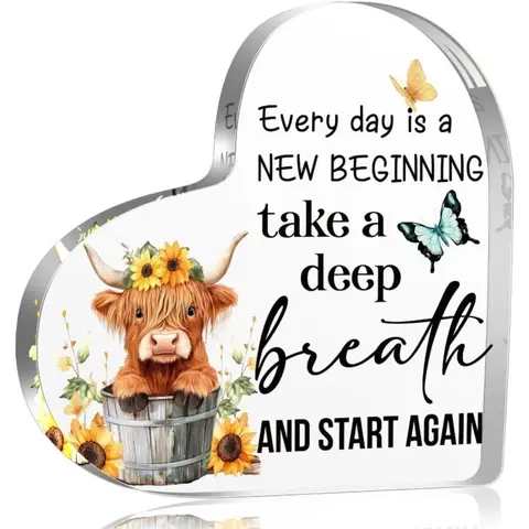 Highland Cow Pattern Acrylic Ornament, 1 Count Flower & Cow Pattern Desktop Decoration, Inspirational Gift for Women & Girls, Home Decor, Signs, Decorative Plaque, Acrylic Plaque Sign