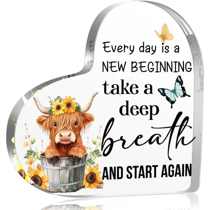 Highland Cow Pattern Acrylic Ornament, 1 Count Flower & Cow Pattern Desktop Decoration, Inspirational Gift for Women & Girls, Home Decor, Signs, Decorative Plaque, Acrylic Plaque Sign