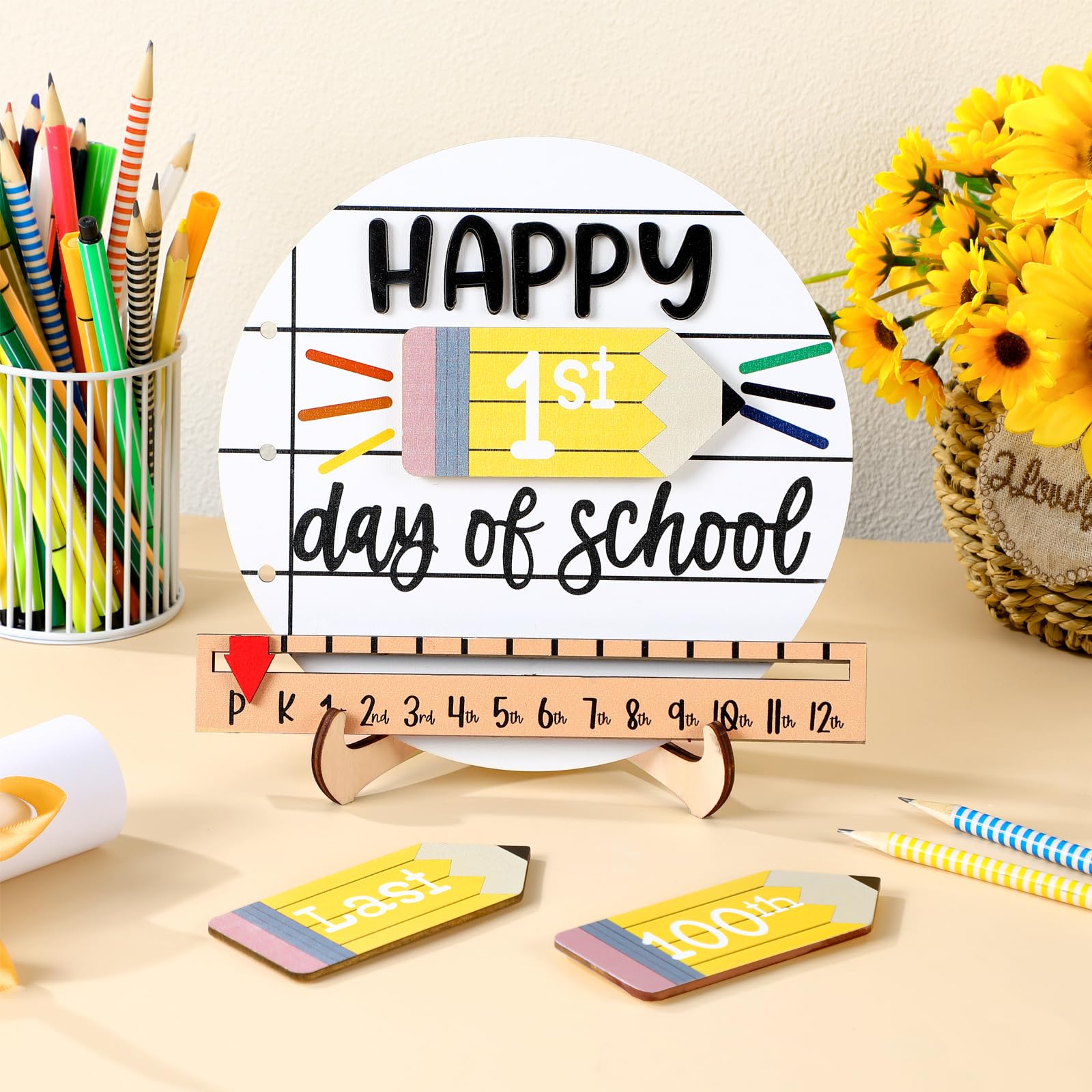 First & Last Day of School Sign Reusable Dry Erase 8" - Back to School Board Gifts Wooden Pencil Style, Cute Pencil Bow Notebook Design for Pre-K Kindergarten Photo Props First Day Last Day Traditions Teachers Parents Essentials Class of 2026