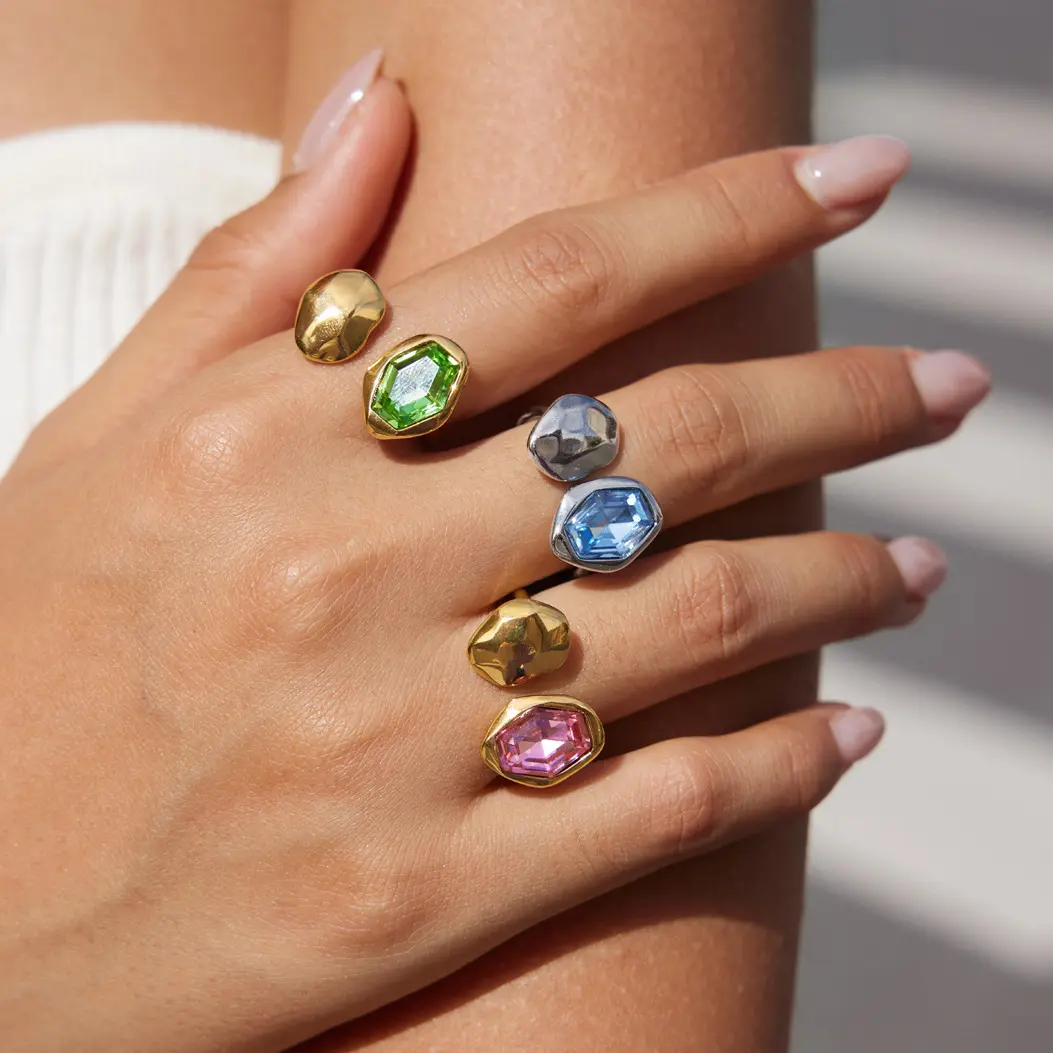 Emma's Heart Geometric Hexagonal Hammered Finish Open Ring, 316L Titanium Steel, Casual Wear, Multi-Size Artificial Gemstone Ring