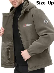 Men's Fleece Lined Hooded Fitted Jacket, Warm Windproof Coat with Pockets, Casual Aesthetics Fall & Winter Outerwear, Long Sleeve Zipper Design