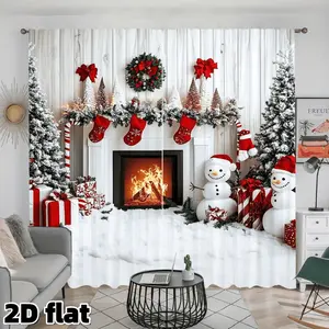 2D Flat 2Pcs Christmas Snowman Fireplace Scene Printed Curtains, Red White Holiday Theme, Semi Sunshade Rod Pocket Design, Perfect for Living Room Bedroom Kitchen Window Decoration, Winter Festival Home Decor, Privacy Protection