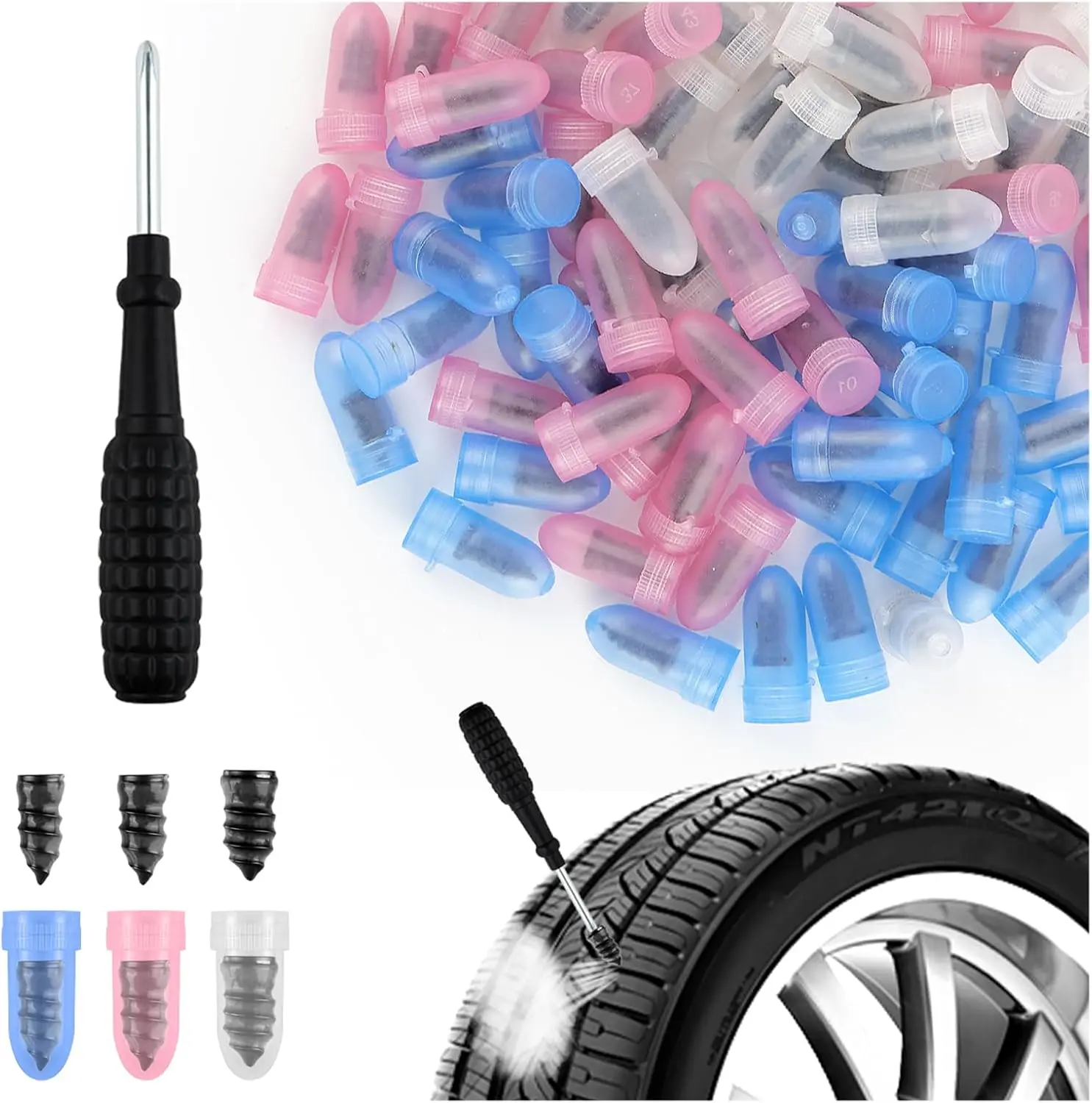 100PCS Tire Screw Plug Repair Kit,Self-Service Tire Repair Kit Includes 3 Sizes of Screw in Tires Plugs & Screwdriver for Quick Repairs,Professional Tires Repairs Rubber Nail