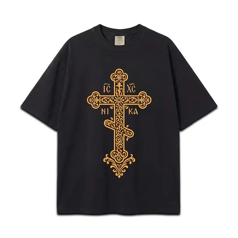Gold Byzantine Orthodox Cross Shirt, Eastern Christian Faith Apparel, Greek Religious Graphic Top style Christmas Holiday Birthday Funny Mens T Shirt