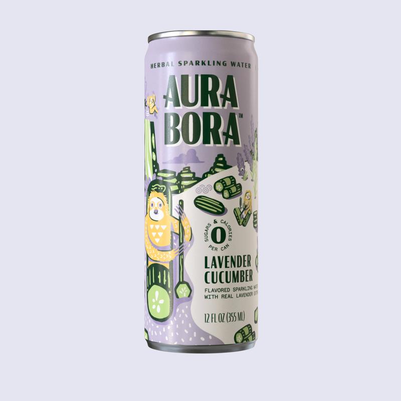 Aura Bora, Craft Sparkling Water Beverage made with Real Herbal Extracts, Lavender Cucumber, 12oz cans, Pack of 12