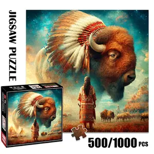 1pc 1000 piece adult puzzle 58x58cm Buffalo with Native - American Headdress and Tribal Figure500 pieces paper jigsaw puzzle suitable for DIY creative games for adults and families, birthday and hol