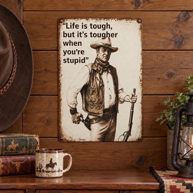 Legendary Cowboy Tin-Aluminum Weatherproof Sign - Funny Western "Life is Tough But It's Tougher When You're Stupid" Vintage Wall Decor, Cowboy Charm Classic Country Western Speciality Plaque, Easy-Mount Man Cave Gift