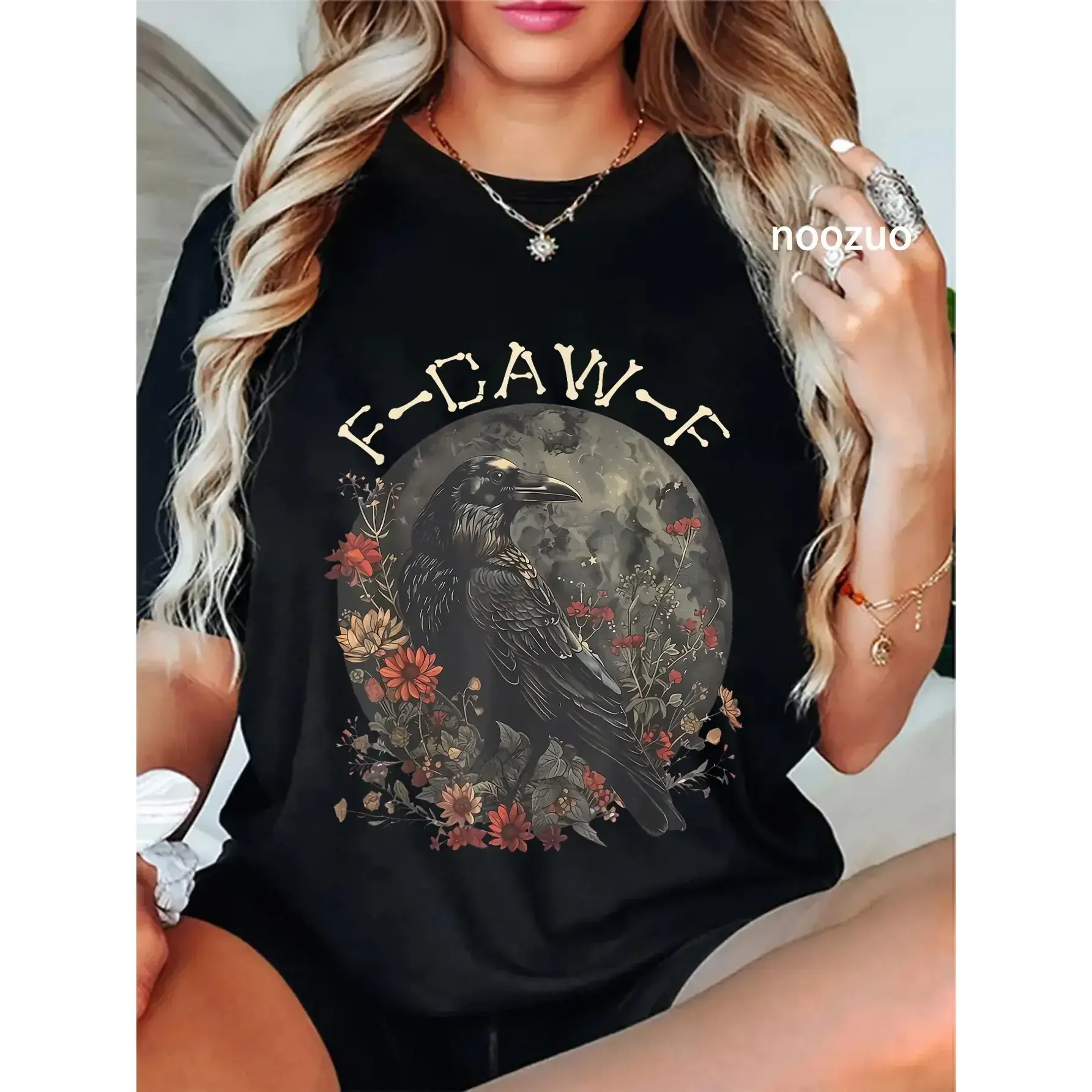 Women's 100% Cotton Graphic T-Shirt - Vintage Streetwear Tee with Sarcastic Raven Print, Round Neck, Short Sleeve Casual Top for Everyday Wear, Graphic Print