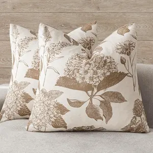 Set of 2 Linen Floral Throw Pillow Covers Neutral  Print Decorative Cushion Covers Farmhouse Boho Home Decor for Sofa Chair Couch Bedroom Living Room Outdoor,22x22 Inch,Light Brown