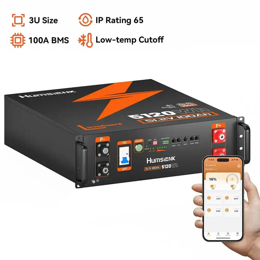 HumsiENK 48V 100Ah LiFePO4 Lithium Battery 3U Server Rack with Active Balancing & BYD Cells, Max 5120Wh & Bluetooth, 100A BMS, 15000+ Deep Cycles for Off-Grid Solar System, Home Energy Storage, Backup