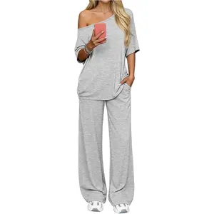 Sports & Outdoors Womens Lounge Set 2 Piece Off the Shoulder Tops Wide Leg Pants with Pockets Matching Workout Sets Cute Summer Outfits