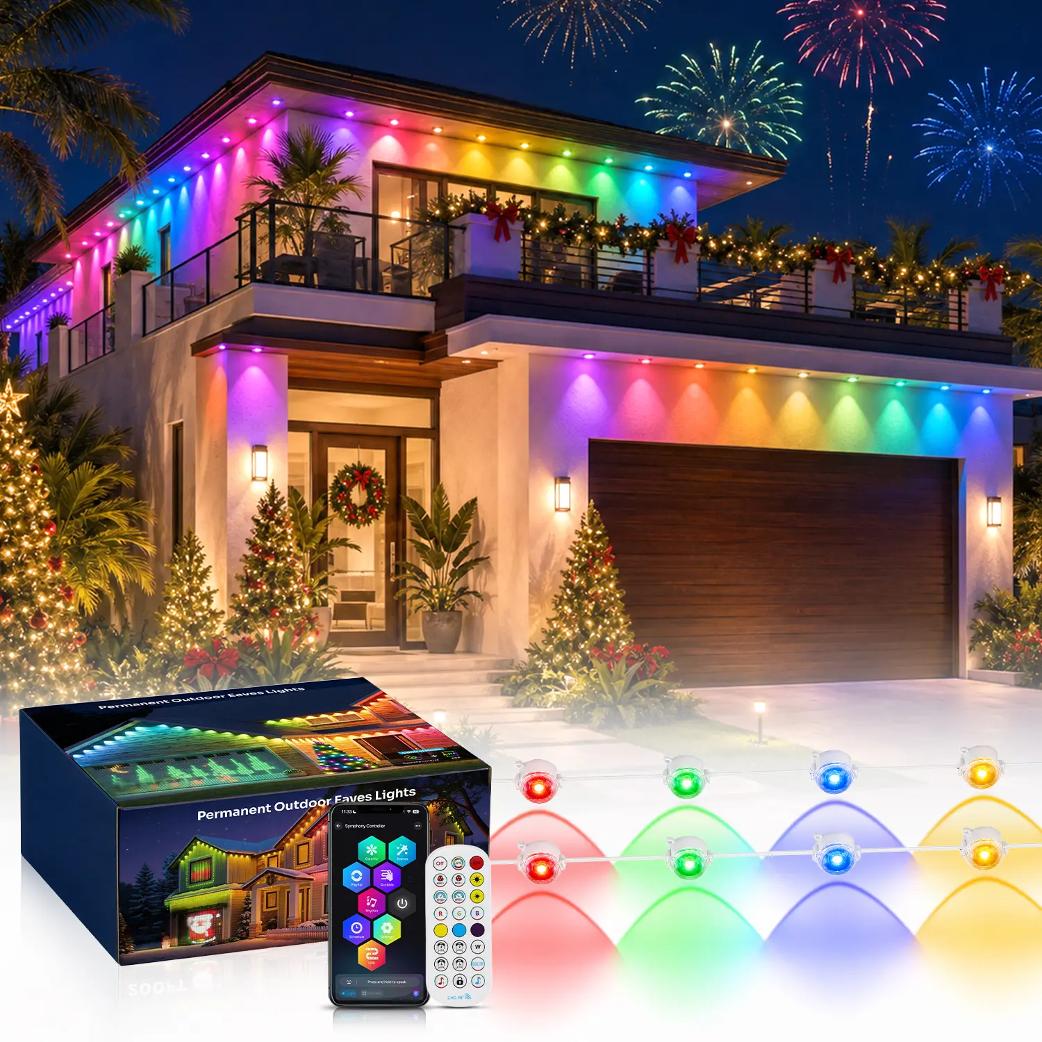 RGBIC Standard Edition Permanent Outdoor Eaves Lights, Smart LED Roofline Lights with Remote and Bluetooth App Control, 16 Million Colors, 75 Scenes, Music Sync, Triangular Light Effects for Christmas, Halloween, Holiday, Party and Daily Decor