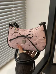 New Trendy Sweet Cool Girl Bow Print Underarm Bag, Block Heart Pendant Rope Knot Shoulder Strap Crossbody Bag for Women