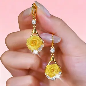 New golden plated Rose Flower Earrings for Women Sensitive Ears, Hypoallergenic Cute Gold And Zircon Rose Flower Earrings for Women