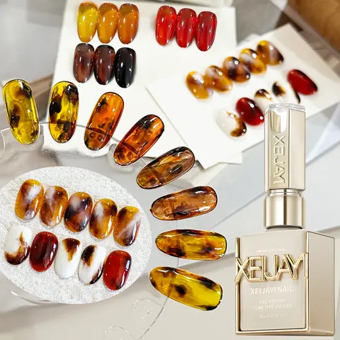 XEIJAYI 15ML Amber Glow Gel Nail Polish Bottle, TPO-HEMA-Free, Alcohol-Free, High Transparency Liquid, 3-Color Semi-Permanent UV/LED Glossy Gel Top Coat, 36-Month Shelf Life, DIY Nails at Home Manicure Supplies