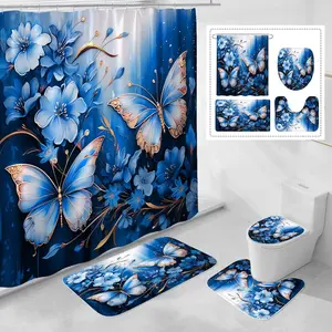 4 Pcs Navy Blue Floral Butterfly Shower Curtain Set with Non-Slip Rugs, Modern Toilet Lid Cover and Bath Mat, Elegant Bathroom Decor Set with Shower Curtain and Rugs