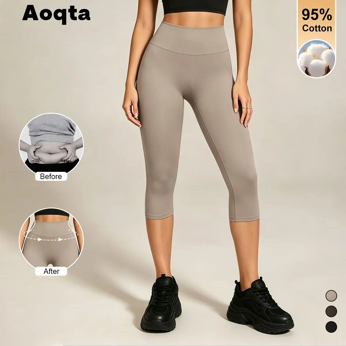 Aoqta Female High-Waist Knitting Tummy Control Butt-Lifting Solid Color Cuffed Capri Joggers - Universal Normal Type, Athletic Women's Sports Pants, Sporty Chic, All Seasons, Machine Washable, Yoga & Gym, Athletic Women's Sports Joggers