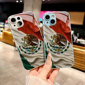 Mexican Emblem: Eagle Catching Snake Pattern Blue Silver Metallic Paint Glass Phone Case, Suitable for iPhone 17 16, 15, 14, 13, 12, 11 Plus Pro Max