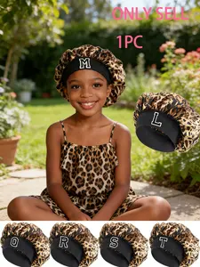 1PC Leopard Print A-Z Letter Kids Hair Care Bonnet, Wide Elastic Band Non-Slip Sleep Cap Dual-Function for Sleep & Bath Kids Glossy Satin Hair Care Bonnet 3-8Y Sleeping Cap