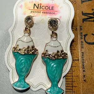 Teal and white enamel Goldtone post earrings
