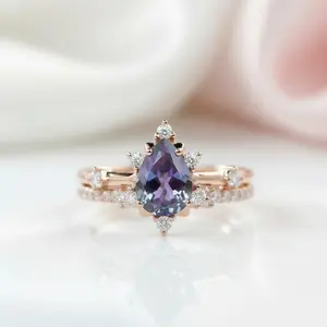 Pear Cut Alexandrite Water Drop Engagement Ring Set