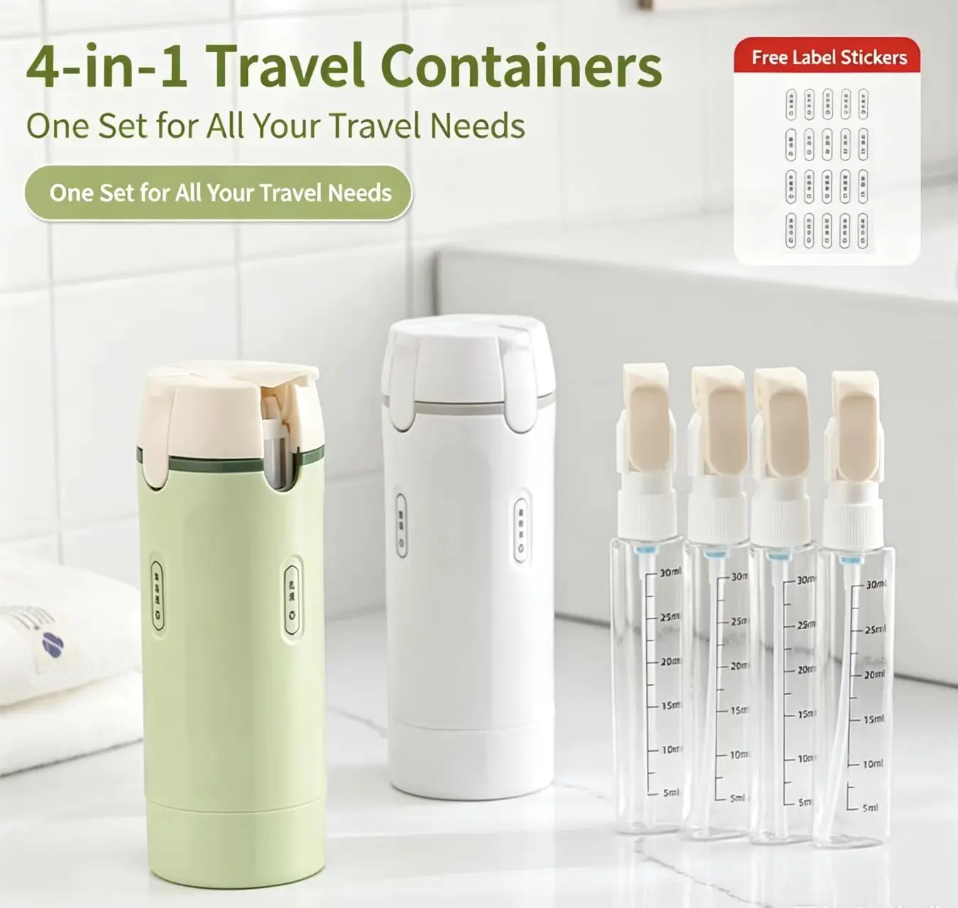 4-in-1 Compact Plastic Round Travel Pump Dispenser Bottle Set (30ML 4-Pack) - Leak-Proof, Adjustable Cosmetic Storage Containers with Measurement Scale & Label Stickers for Toiletries, Shampoo, Home Organization