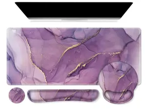 iCasso Purple Marble Gaming Mouse Pad Set with Wrist Support XXL Desk Mat & Coaster for Enhanced Comfort and Style