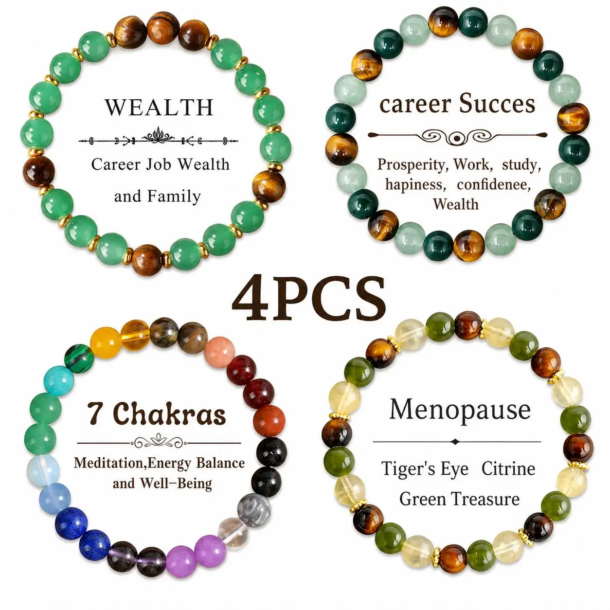 4PCS Tiger Eye Crystal Bracelets Jewelry - Boho Natural Gemstone Beaded Exquisite Bracelet, Comfortable 15-20cm Stretch Fit, Fashionable Style Good Luck Accessory for Daily Wear & Gifting (Crystals and Healing Stones), Fashionable Bracelet Style