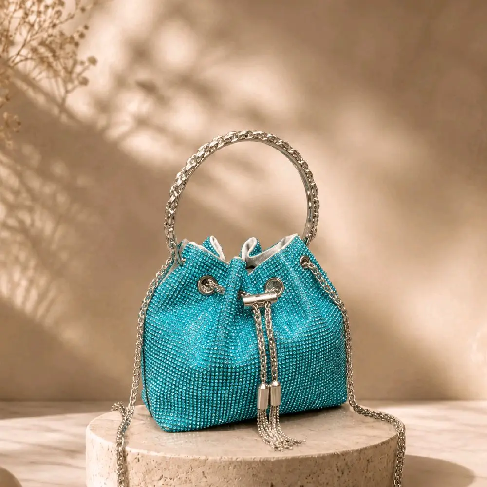Ivory Élan Rhinestone purse, Elegant Women's Handbags, Metallic, Blue Color Matching Medium, Bright Gold Medium, Rhinestones, Bucket Bag, Polyester Fiber, Cross-Border Fashion, Cylinder Type, Rainbow Medium