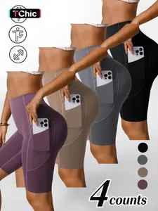 Women's Multiple Pack Elastic High Waist Yoga Shorts with Pockets, Comfortable Butt-Lifting Design for Exercise and Daily Wear