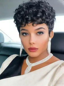 Short Jerry Curly Pixie Cut Wig Human Hair 99J Burgundy Natural Black Brown Wigs For Women