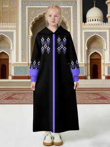 Girls' Hooded Geometric Pattern Modesty Abaya, Muslim Children Long Casual Dress, Stylish and Comfortable Kids Clothing