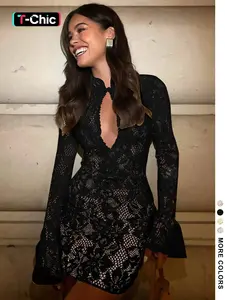 Women's Plain Cut Out Flounce Sleeve Bodycon Dress, Elegant Long Sleeve Short Dress for Party Club Dating Wear, Women's Clothing for Spring & Fall