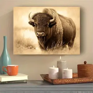 Bison Wall Decor, Buffalo Artwork, Buffalo Wall Decoration, Buffalo Print Painting, Natural Inspiration Decoration, Log Cabin Decoration, Bison Art, Artistic, Ready to Hang Home Decor, Office Decoration (Framed Canvas), Nature Theme Decoration