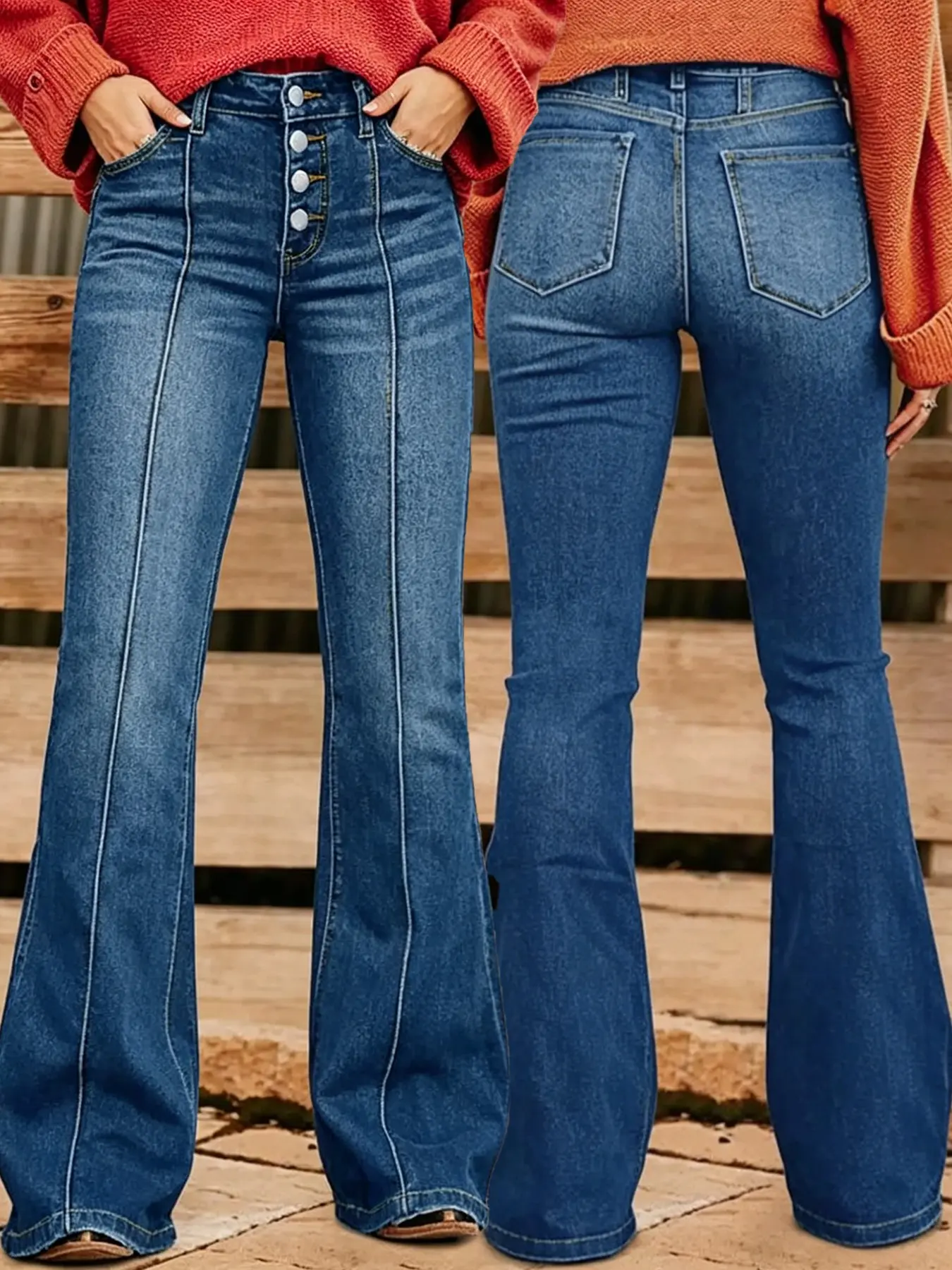 Women's Button Flared Denim Woven Jeans Pants, Plain Pattern, Fitted Style, Long Hem, Casual Comfort, All Season Fashion, Daily Wear, Everyday, Trouser