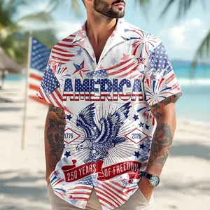 America 250 Years of Freedom Hawaiian Shirt, 250th Anniversary USA Flag Button Down, Patriotic Eagle Aloha Shirt, 1776-2026 July 4th Gift