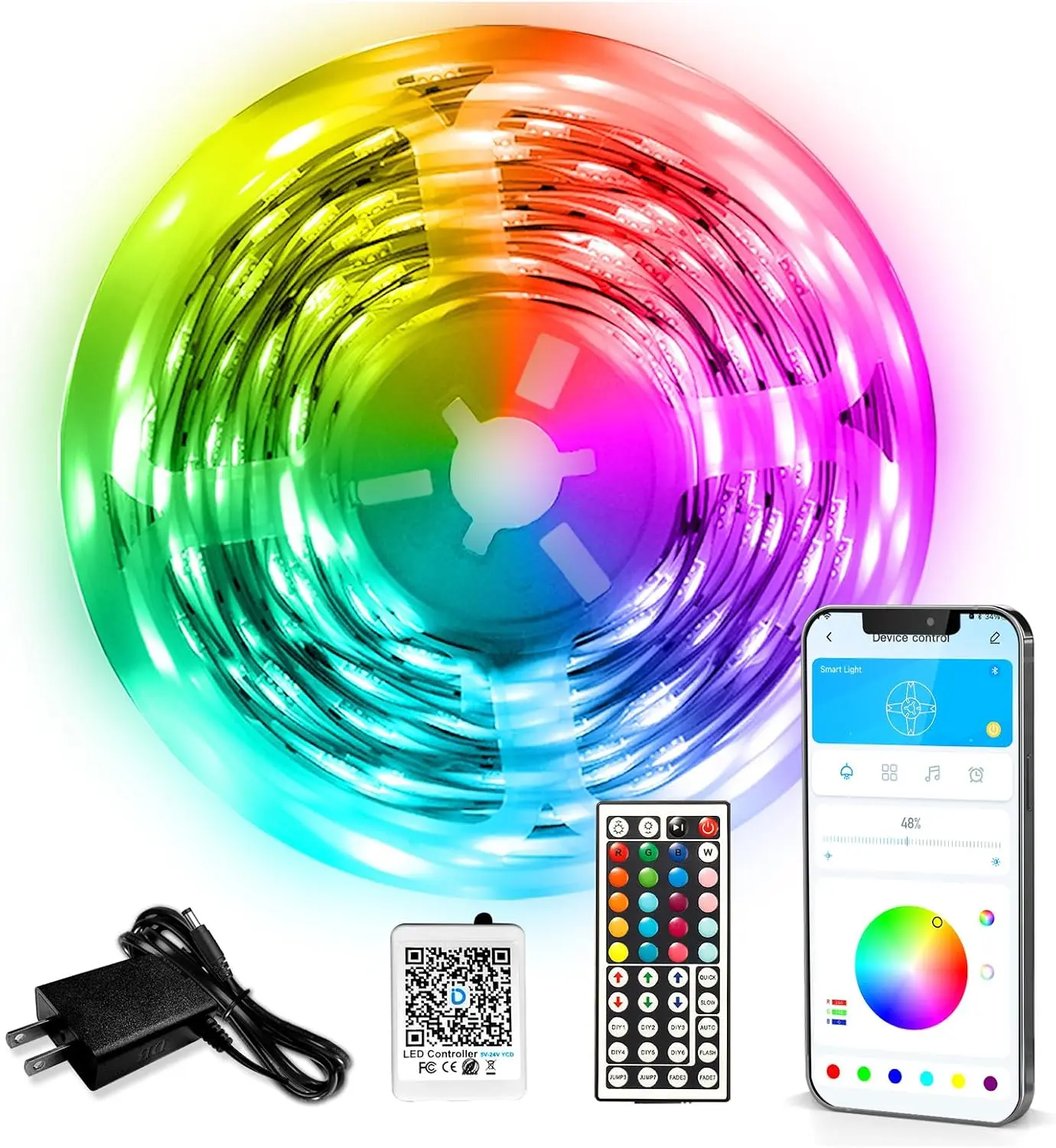 LED Strip Lights 110ft1Roll RGB Music Sync Smart App Control | Indoor color changing decor for bedroom, kitchen, party. 44-key IR remote, timer, cuttable, flexible, strong adhesive
