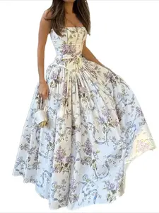2026 Spring New Boho Floral Maxi Dress, Vintage Strapless Corset Bustier Flowy Long Dress, Elegant A Line Prom Gown for Women, Beach Vacation Party Outfit