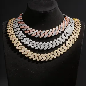 Moissanite 20mm Three Row Rhombus Cuban Chain Necklace Hip Hop Miami Inspired Trendy Aesthetic Affordable Jewelry for Men Statement Gift