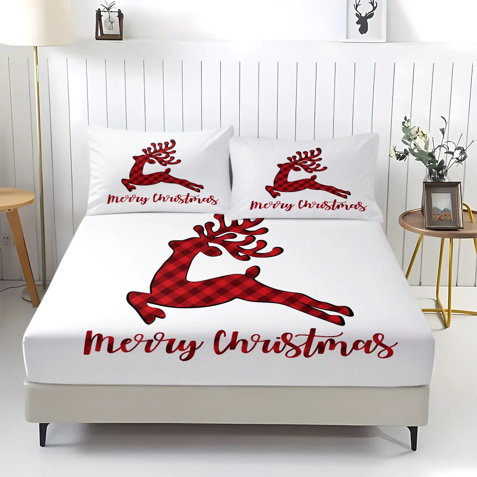 3-piece Red and Black Christmas Striped Elk Pattern fitted sheet, including 1 bed sheet and 2 pillowcases, comfortable bedding with anti-slip dust cover suitable for bedrooms and guest rooms,perfect for personal use or as a Christmas gift