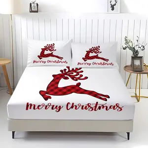 3-piece Red and Black Christmas Striped Elk Pattern fitted sheet, including 1 bed sheet and 2 pillowcases, comfortable bedding with anti-slip dust cover suitable for bedrooms and guest rooms,perfect for personal use or as a Christmas gift