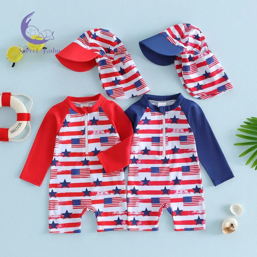 Toddler Boy Swimsuit Set 4th of July America Flag Print Mock Neck Long Sleeve Rash Guard Swimwear and Sun Hat, Swimoutfit, Long Sleeve One-Piece Baby Boys Swimwear