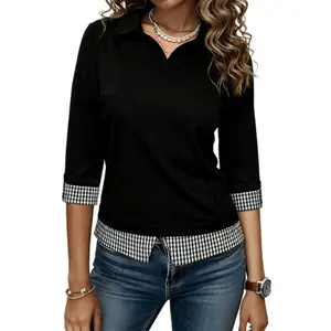 Flamingals Gingham Pattern Split Hem Three Quarter Sleeve 2-In-1 Blouse