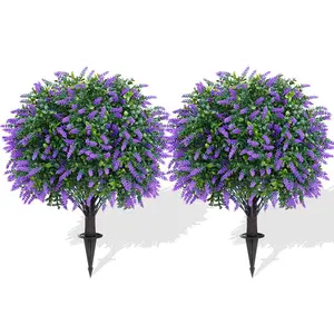 Artificial Lavender Topiary Ball Trees with Ground Spike, 16 Inches UV Resistant Artificial Boxwood Shrubs, Fake Decorative Evergreen Outdoor Plant Bush for Indoor Front Porch Garden Ornament Set of 2 Items Fruit porch decor artificial lavender lavender