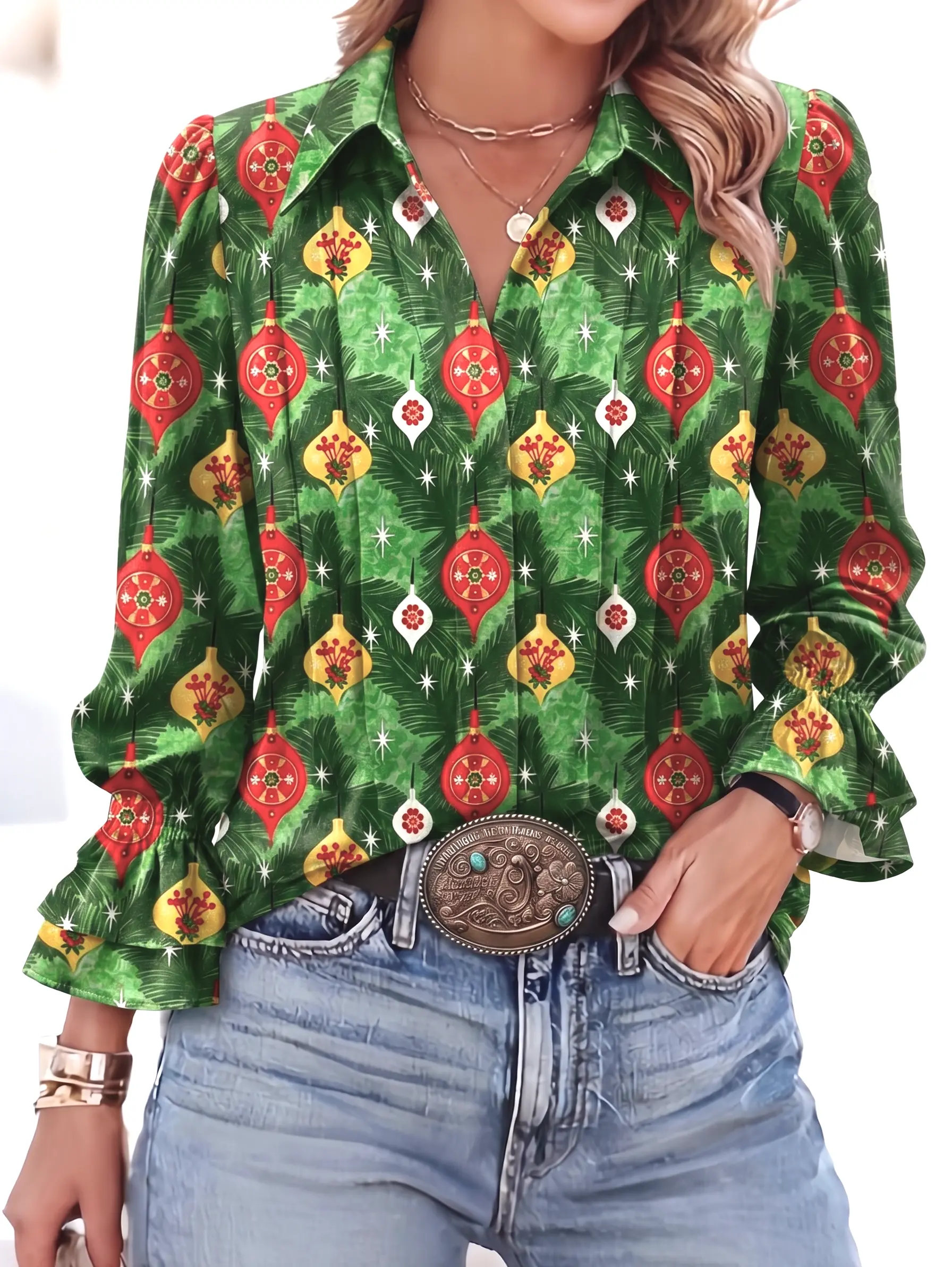 Women's Polyester Blend Collared Neck Blouse - Retro Vintage Christmas Ornament Print, Smocked Ruffle Sleeve with Smocked Cuffs, Festive Holiday Party Winter Top, Vintage Print