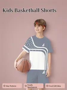 Stars Pattern Basketball Kids Shorts Set, Printed, Loose Casual Fit, Daily Wear, Sports Theme, Sporty Style, Teenagers and Children Sportswear, Youth Short, Sporty Style Clothes
