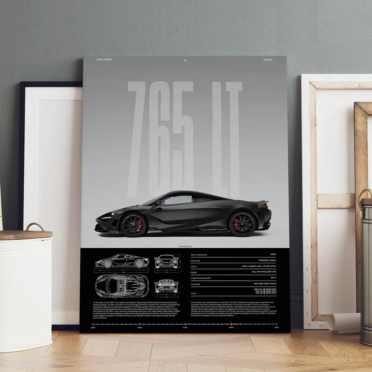 1 Count Wooden Framed Canvas, McLaren 765LT Performance Display Poster, Artistic Modern Art, Aesthetic Wall Decor, Living Room Bedroom Decoration Items, Hallway Office Mural, Home Poster, Ideal Gift, High Definition, Waterproof, Artwork, Canvas Art Wall